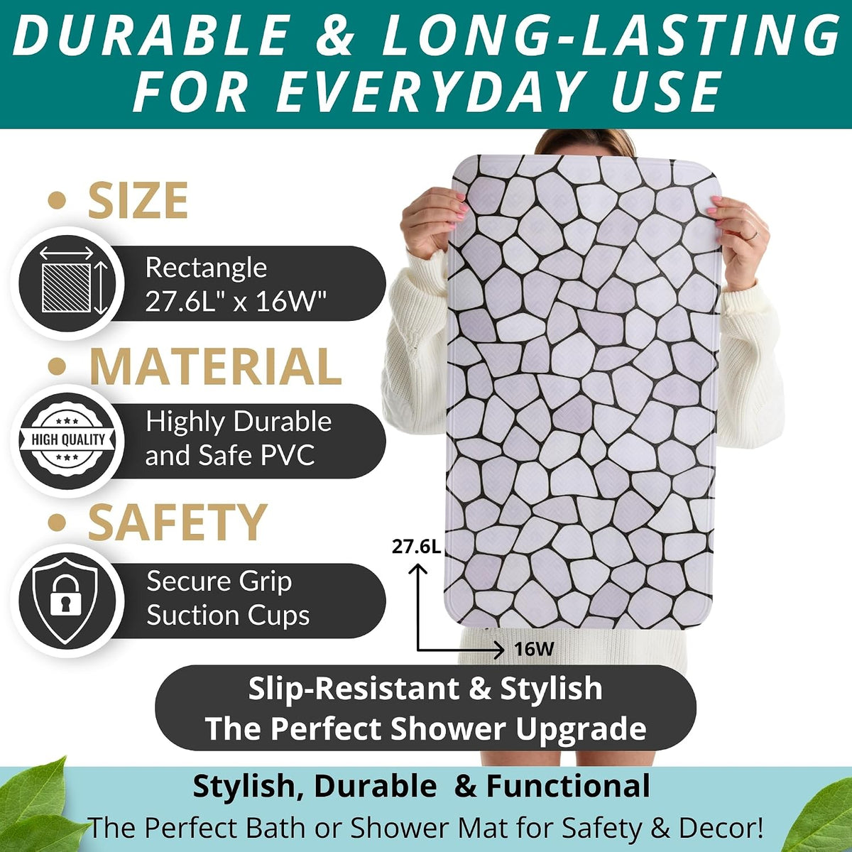 Bath Mat for Tub and Shower Floors - Non Slip Shower Mat – anti Slip Bathtub Mat with Strong Suction Cup Grip – Soft, Pebble Print Bathroom Mat for inside Bath and Showers (28X16 Pebble)