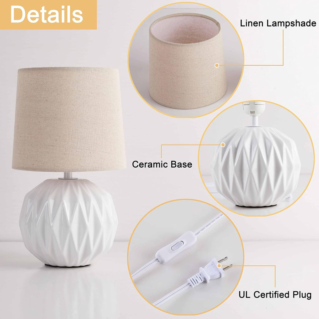 Ceramic Bedroom Table Lamps Set of 2, Small Bedside Lamp, White Lamp with Linen Shade, Mid Century Modern Nightstand Lamp for Bedroom Living Room Office, 7W LED Bulb Included