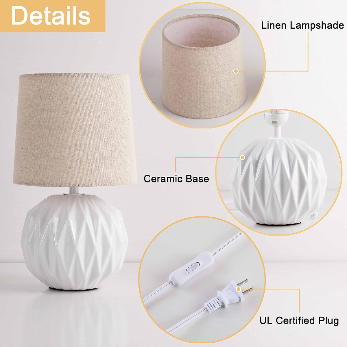 Ceramic Bedroom Table Lamps Set of 2, Small Bedside Lamp, White Lamp with Linen Shade, Mid Century Modern Nightstand Lamp for Bedroom Living Room Office, 7W LED Bulb Included