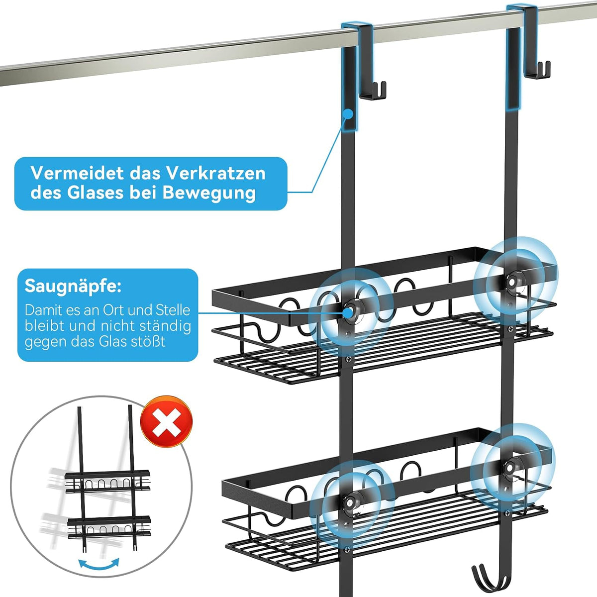 Over the Door Shower Caddy Hanging, Rustproof Hanging Shower Organizer for Glass Door, No Drilling Adjustable Shower Shelves for inside Shower with 4+3 Hooks, Suitable for Kitchen/Bathroom/Balcony
