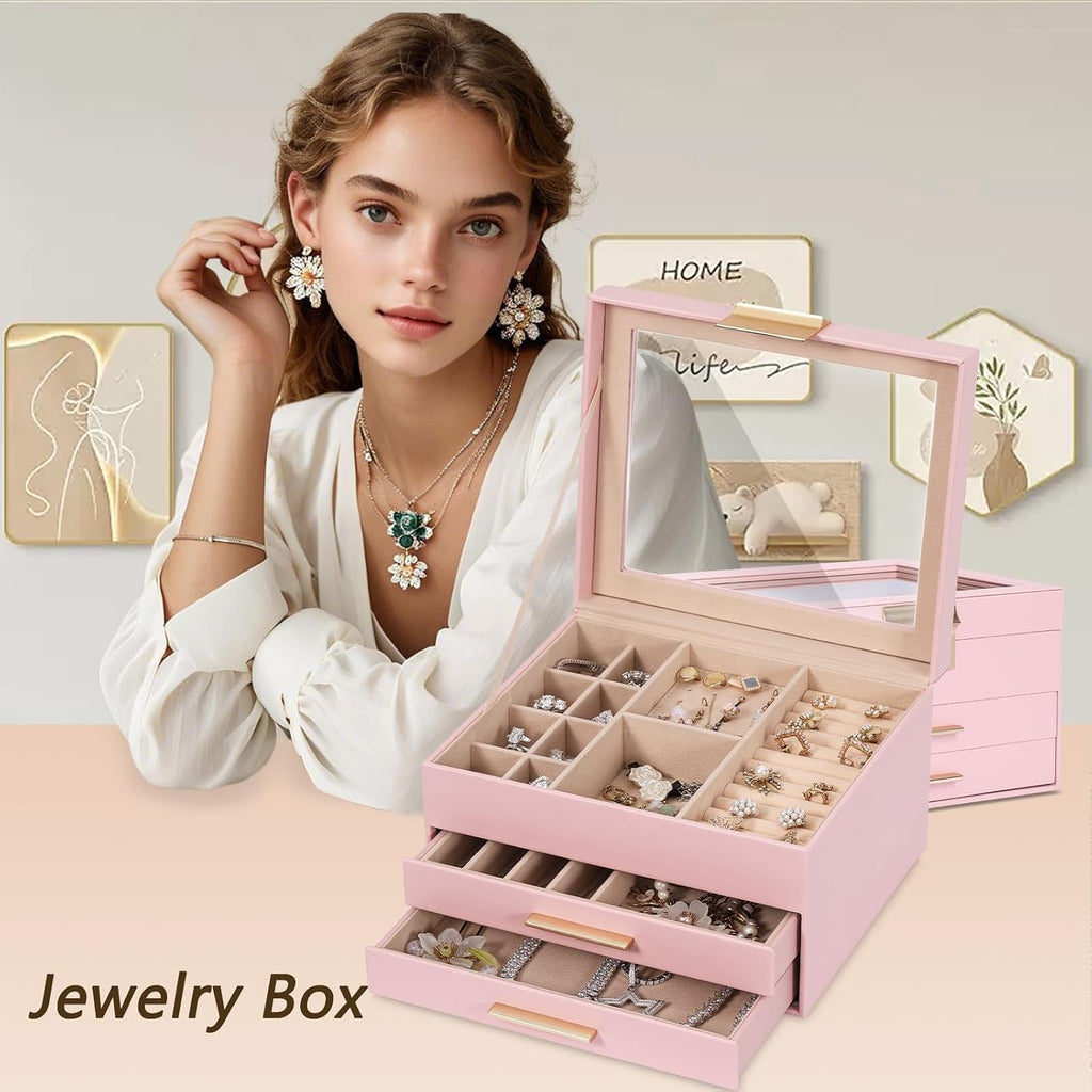 3-Layer Jewelry Box for Women, Jewelry Organizer with Glass Lid and Drawers, Jewelry Organizers and Storage for Necklaces, Rings, Earrings, Bracelets - White/Green/Black/Pink