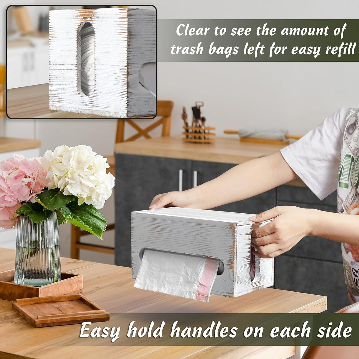 Trash Bag Dispenser, Wall Mount Wooden Trash Organizer , Countertop Trash Bag Roll Holder for 4-8 Gallon , Retro White Kitchen Laundry Room Organization