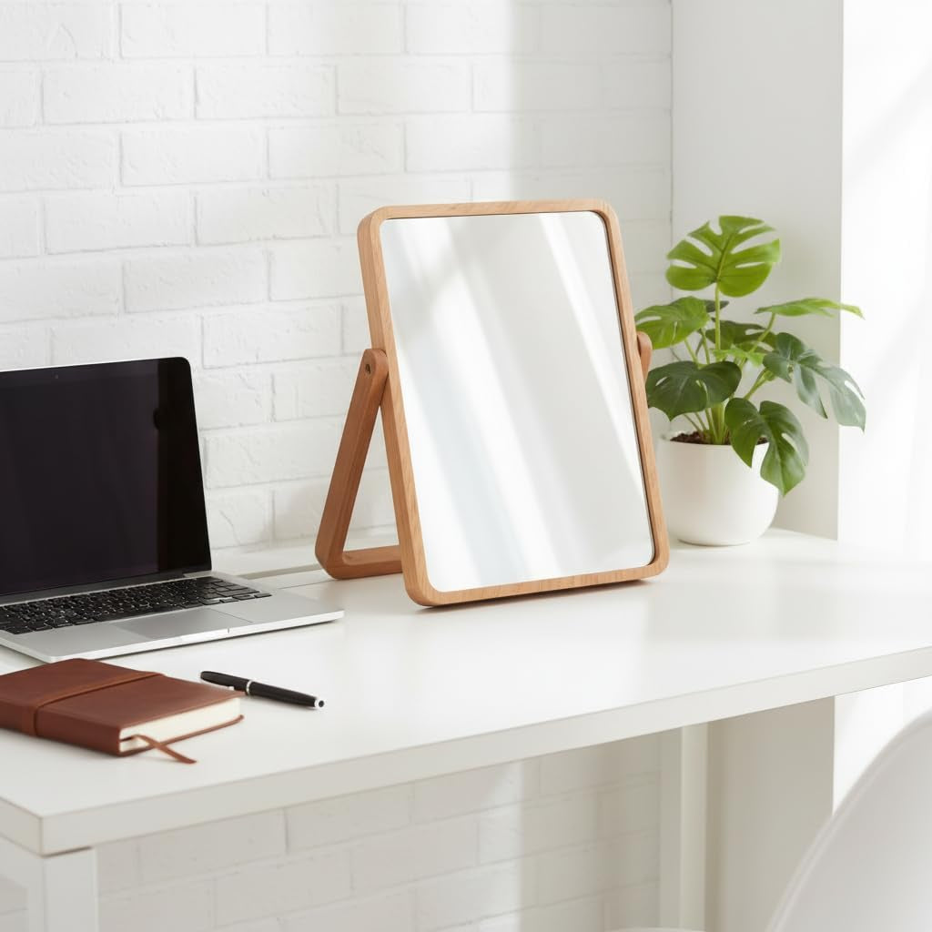 Desk Makeup Mirrors with Wood - Small Table Mirror with Stand