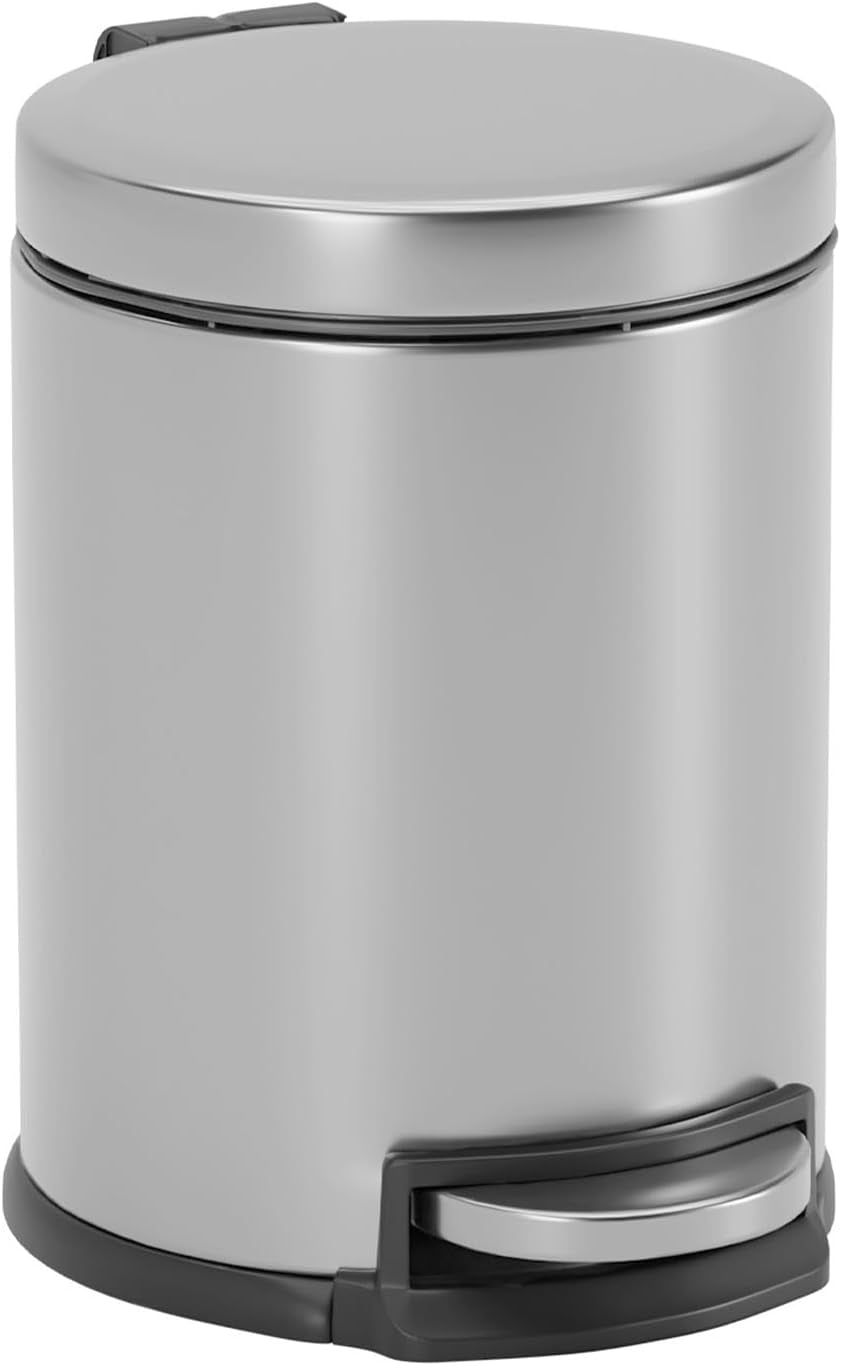 Mini Trash Can 5L Stainless Steel round Cylindrical Soft-Close with Foot Pedal 1.32 Gallon for Bathroom,Office,Kitchen, Resturant, Indoor