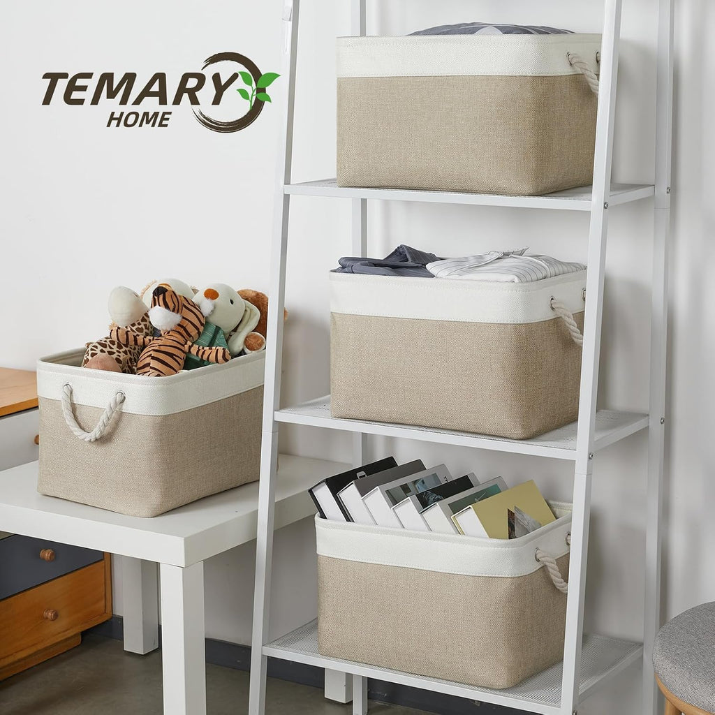 Fabric Storage Baskets 4Pack Storage Bins Decorative Basket for Gift, Clothes Bin with Rope Handle, Rectangle Baskets for Storage, Blankets(White&Khaki,15X11X9.5 Inch)