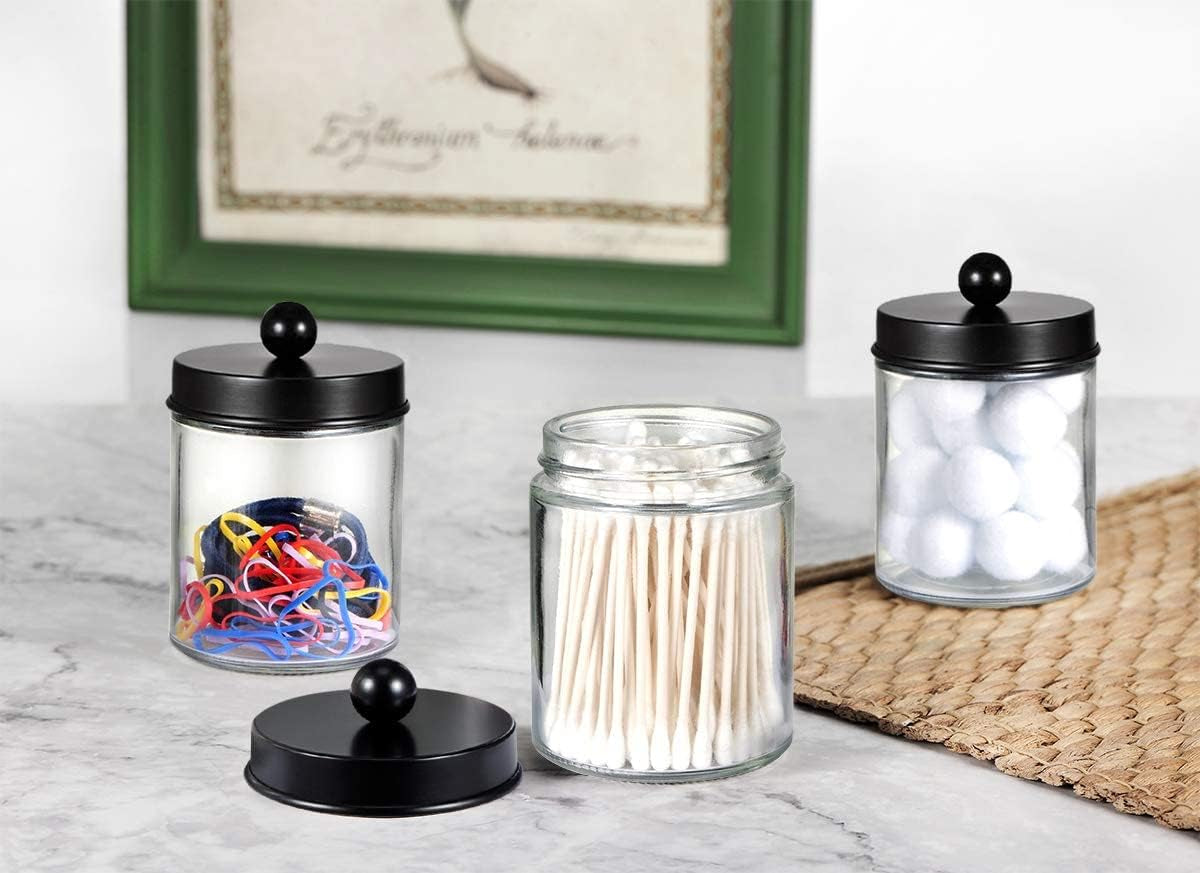 6Pc Apothecary Jars Bathroom Vanity Organizer- Rustic Farmhouse Decor Storage with Stainless Steel Lids- Qtip Dispenser Holder for Q-Tips, Cotton Swabs, Rounds, Ball, Flossers (Black)