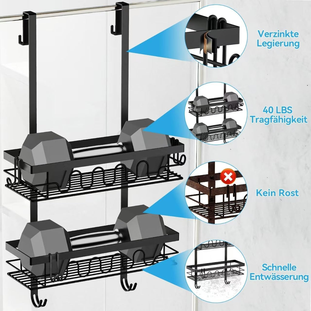 Over the Door Shower Caddy Hanging, Rustproof Hanging Shower Organizer for Glass Door, No Drilling Adjustable Shower Shelves for inside Shower with 4+3 Hooks, Suitable for Kitchen/Bathroom/Balcony