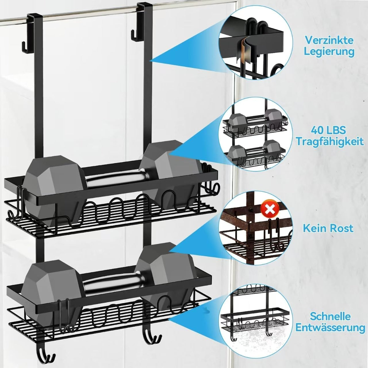 Over the Door Shower Caddy Hanging, Rustproof Hanging Shower Organizer for Glass Door, No Drilling Adjustable Shower Shelves for inside Shower with 4+3 Hooks, Suitable for Kitchen/Bathroom/Balcony