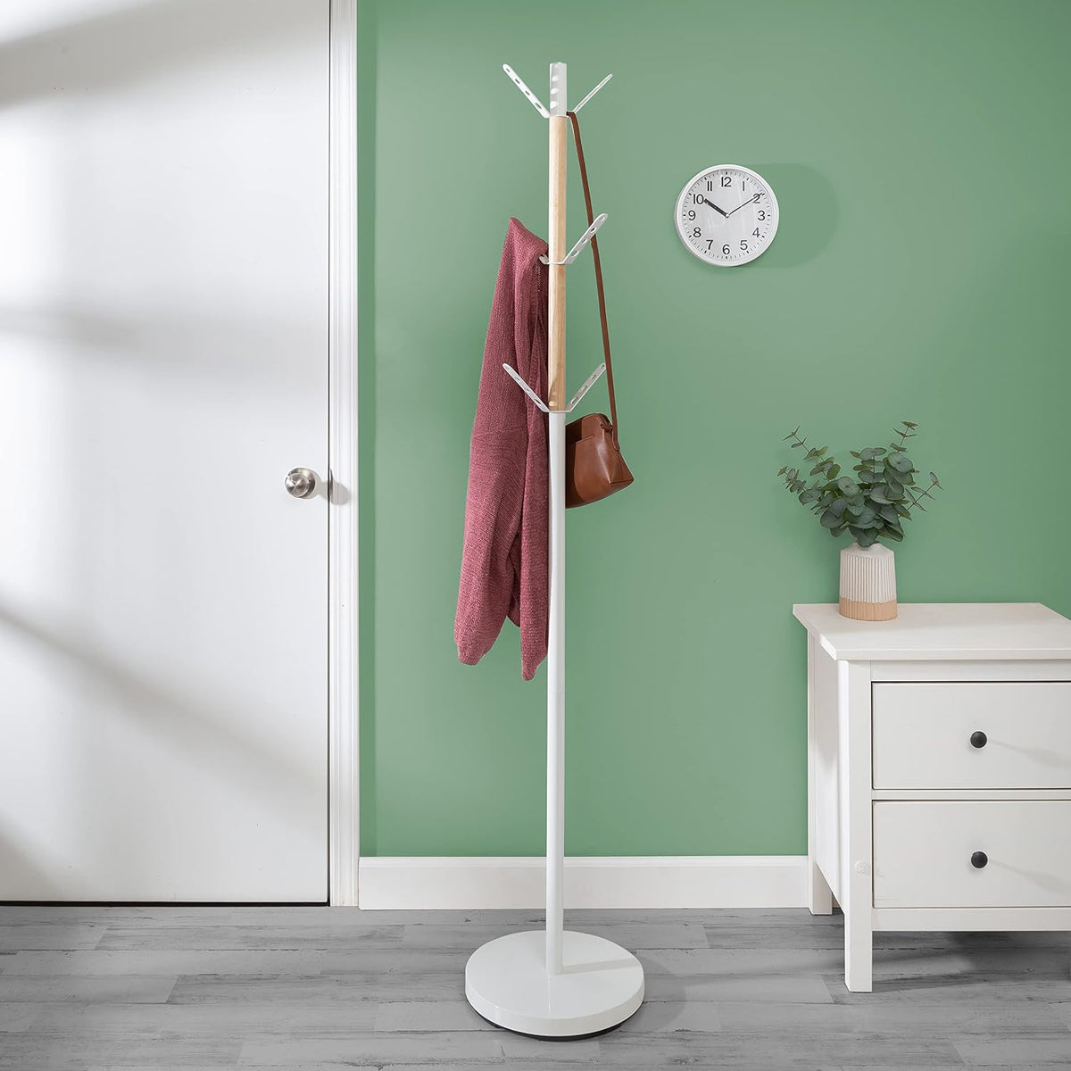 Standing Coat Rack/Entryway Coat Rack Tree, White with Wood Accents
