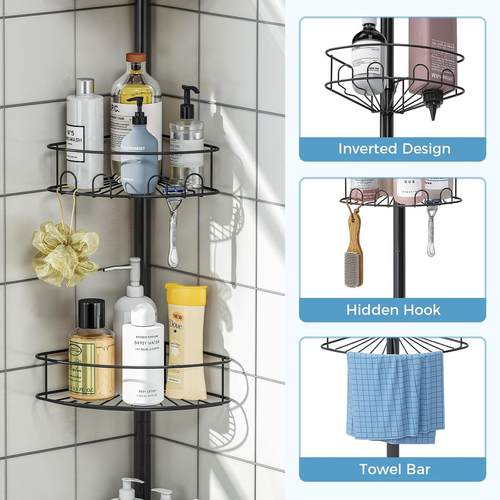 Corner Shower Caddy Tension Pole 4 Tier Shower Organizer, Black