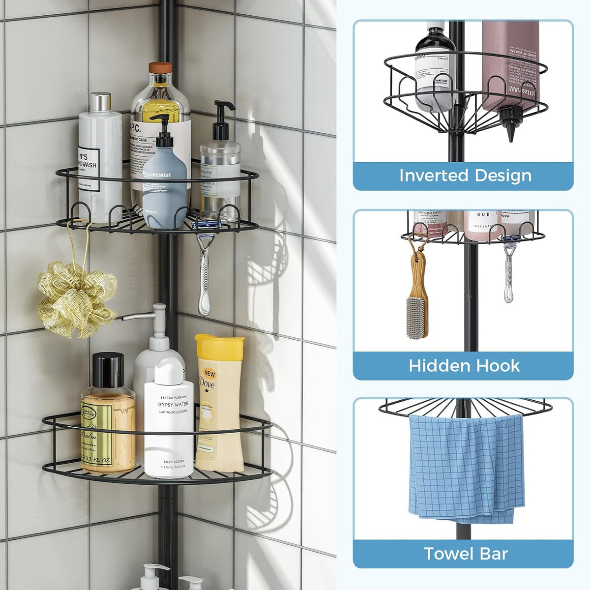 Corner Shower Caddy Tension Pole 4 Tier Shower Organizer, Black
