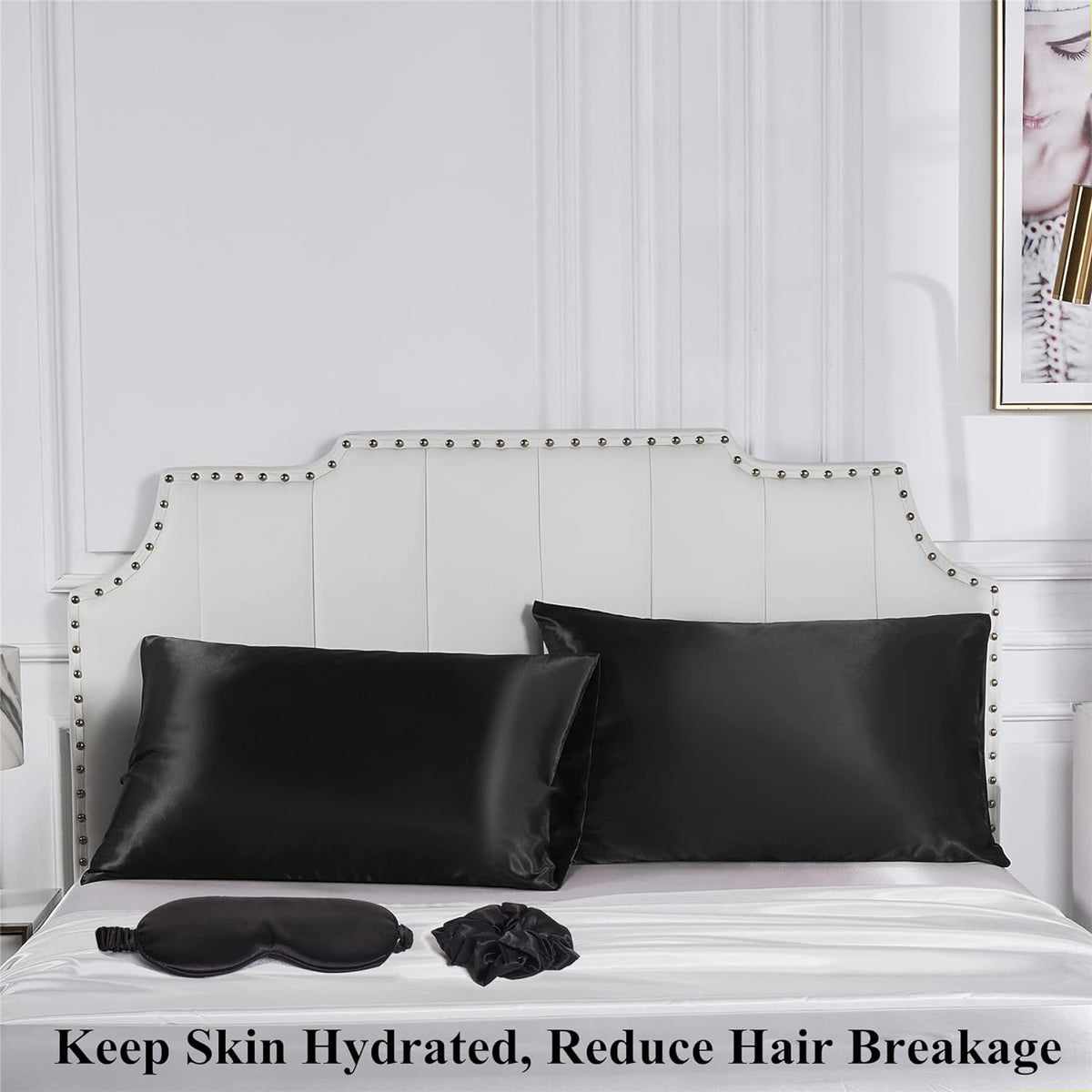 Black Satin Pillowcase Standard Size 2 Pack with 1 Eye Mask and 1 Scrunchie