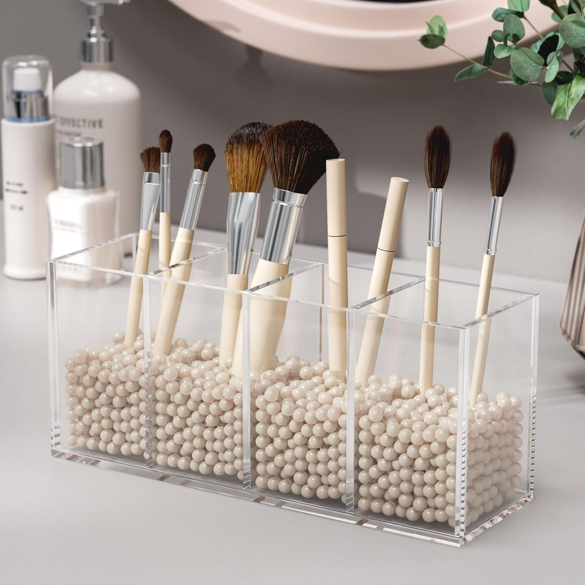 Acrylic Pen Holder 4 Compartments, Clear Desk Pencil Organizer Cup