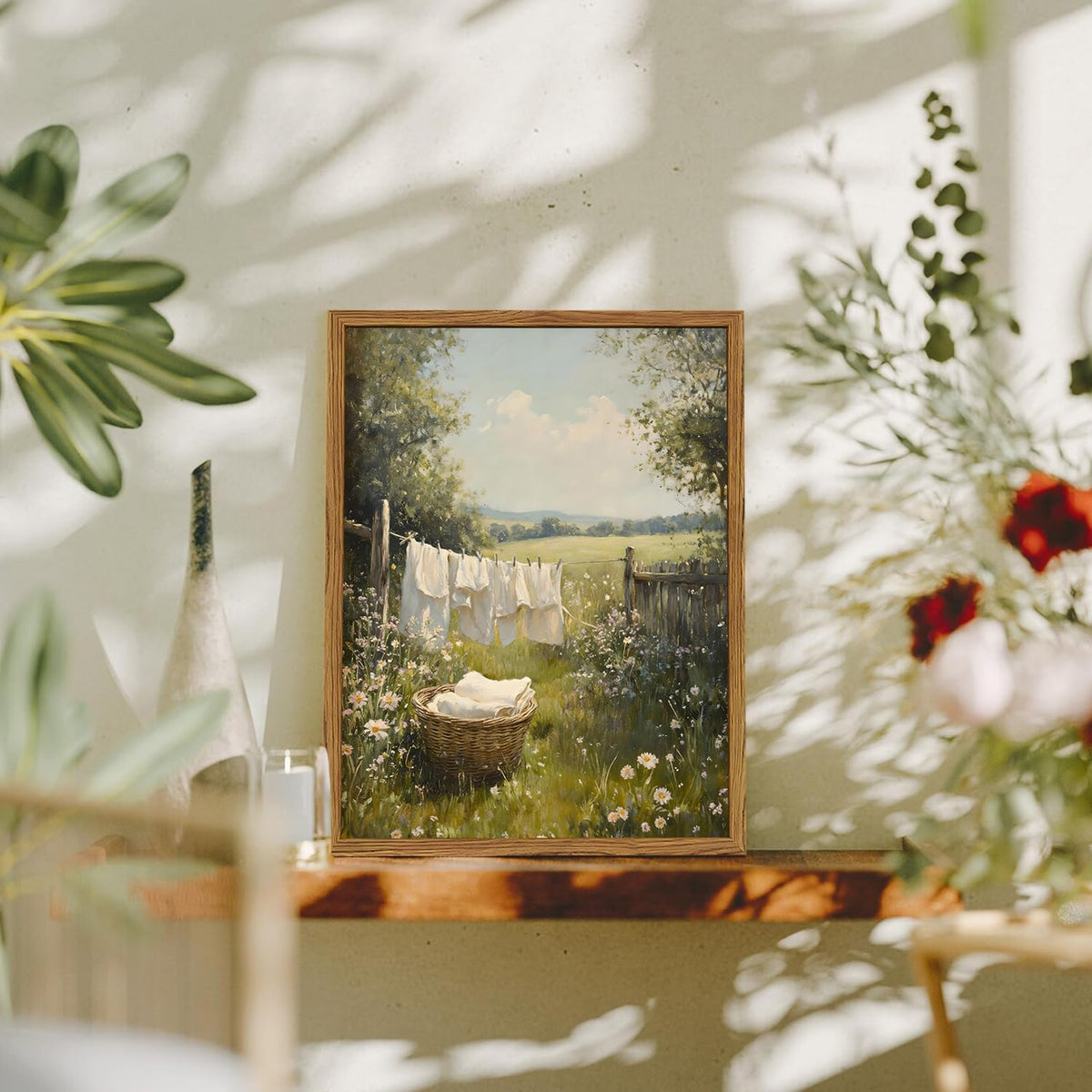 Framed Vintage Laundry Room Wall Art, Farmhouse Landscape Wildflower Pictures Wall Decor, Cottagecore Country Nature Paintings Canvas Prints Home Decor Aesthetic for Bathroom Living Room 12X16 Inch