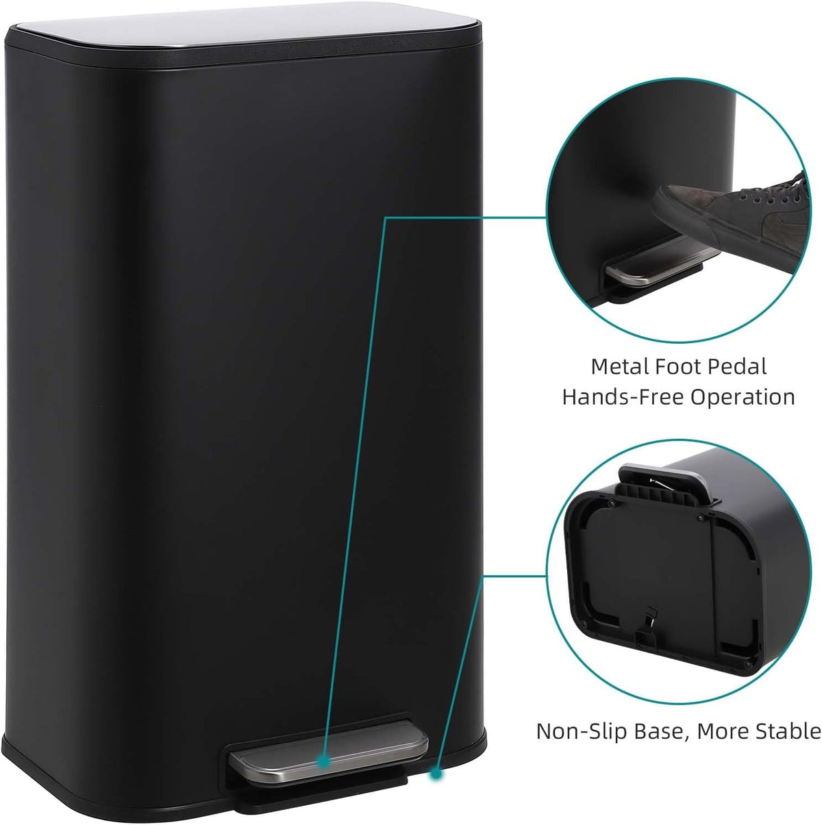 8 Gallon/30 L Kitchen Trash Can, Stainless Steel Garbage Can with Soft-Close Lid, Foot Pedal and Removable Inner Basket, Rectangular Small Step Waste Bin for Office Bedroom Bathroom Living Room
