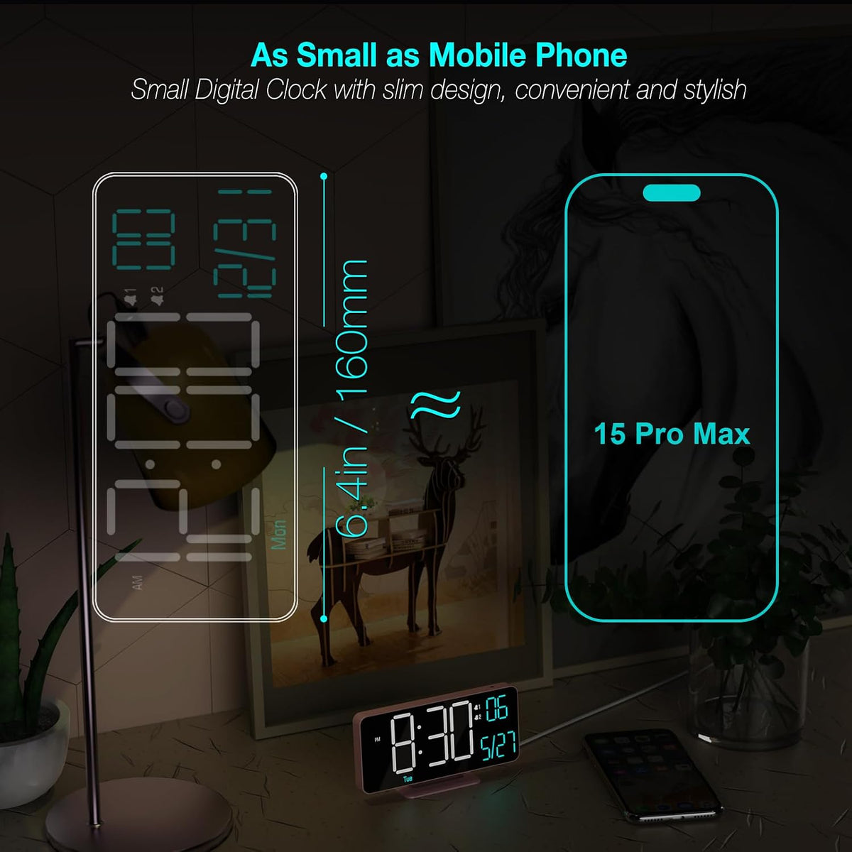 Clock for Bedroom, 6.7In Digital Alarm Clock, Auto Dimming, Room Temperature, Day of the Week, Seconds, Date, Alarm Clocks for Bedrooms, Digital Clocks for Living Room