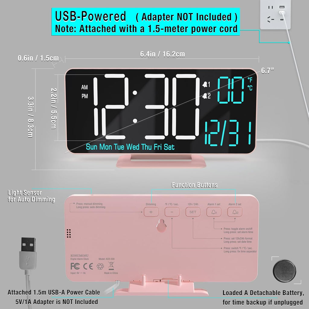 Clock for Bedroom, 6.7In Digital Alarm Clock, Auto Dimming, Room Temperature, Day of the Week, Seconds, Date, Alarm Clocks for Bedrooms, Digital Clocks for Living Room
