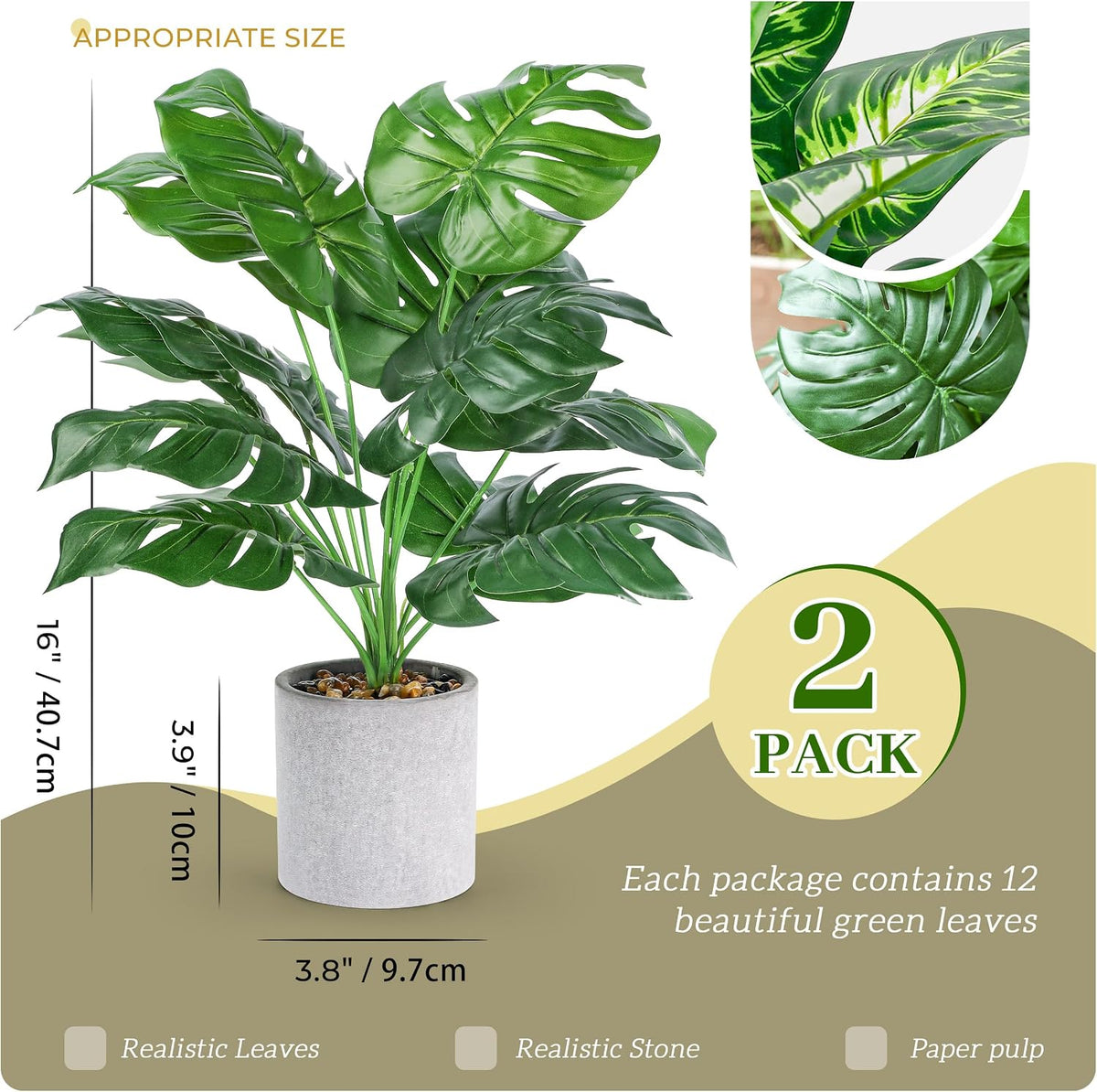 2 Pack 16" Fake Plants Monstera for Desk Shelf Decor
