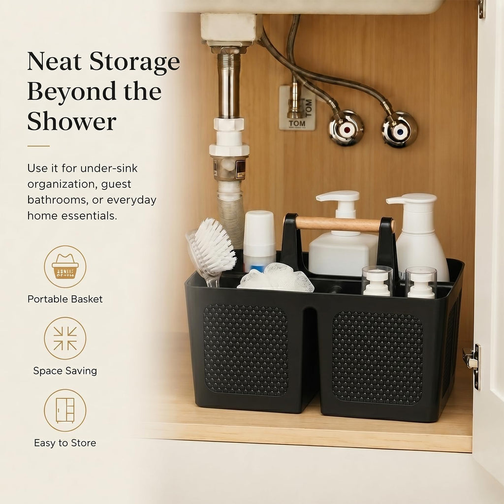 Plastic Shower Caddy with Wooden Handle, Portable 3-Compartment Bathroom Organizer Basket with Drainage Holes, Quick Dry Shower Basket for Dorm, College, Cleaning Supplies