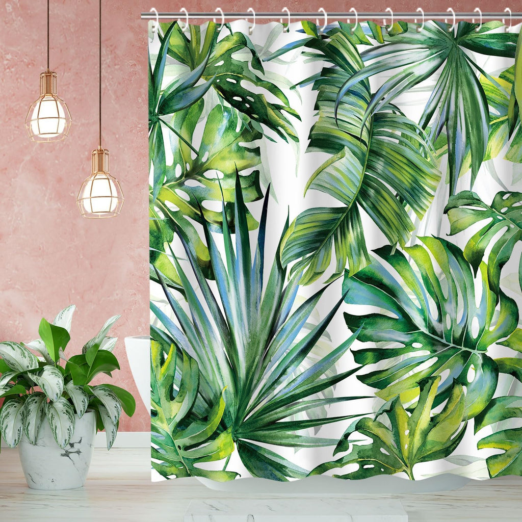 Tropical Green Plant Leaf Shower Curtain Set, Botanical Jungle Design with 12 Hooks for Bathroom Decor, 72"X72"