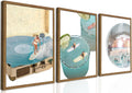Framed Trendy Blue Coastal Wall Art Set of 3, Preppy Disco Ball Beach Wall Decor Pictures, Girly Y2K Retro Surf Paintings Canvas Prints Aesthetic Home Decor for Living Room Bedroom Bathroom 12X16 Inch