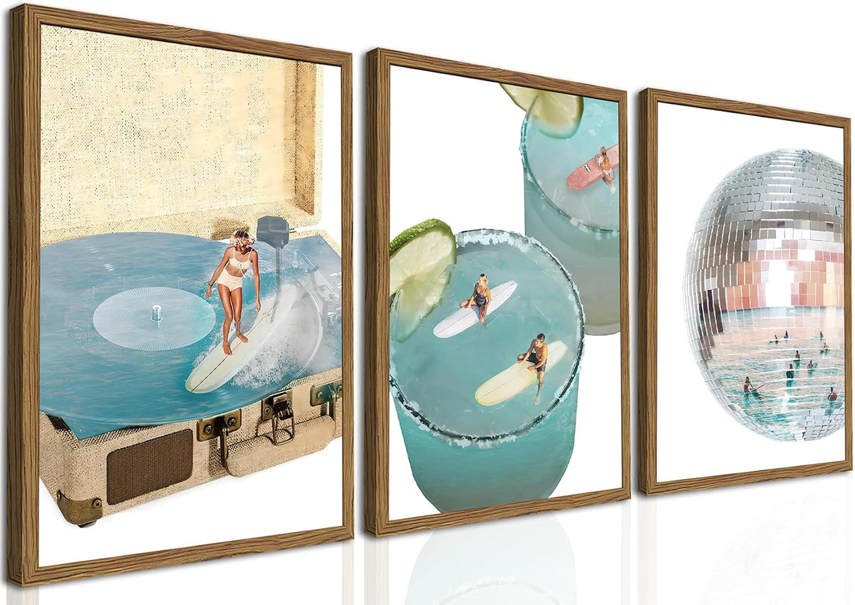 Framed Trendy Blue Coastal Wall Art Set of 3, Preppy Disco Ball Beach Wall Decor Pictures, Girly Y2K Retro Surf Paintings Canvas Prints Aesthetic Home Decor for Living Room Bedroom Bathroom 12X16 Inch