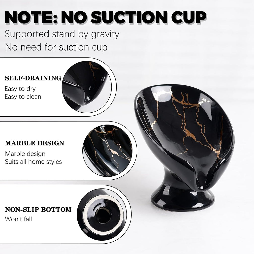 Soap Dish, Ceramic Soap Holder Self Draining Leaf Shape Bar Soap Holder, Marble Look Black Drain Soap Dish Holder for Bathroom, Easy to Clean Keeps Soap Dry,