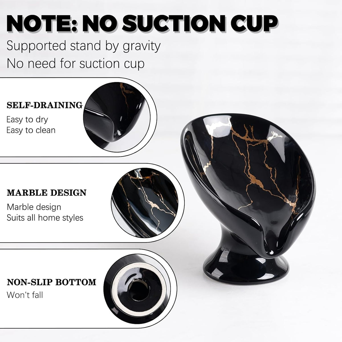 Soap Dish, Ceramic Soap Holder Self Draining Leaf Shape Bar Soap Holder, Marble Look Black Drain Soap Dish Holder for Bathroom, Easy to Clean Keeps Soap Dry,
