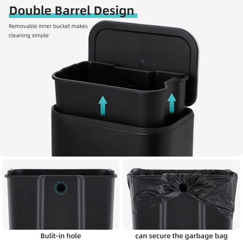 8 Gallon/30 L Kitchen Trash Can, Stainless Steel Garbage Can with Soft-Close Lid, Foot Pedal and Removable Inner Basket, Rectangular Small Step Waste Bin for Office Bedroom Bathroom Living Room