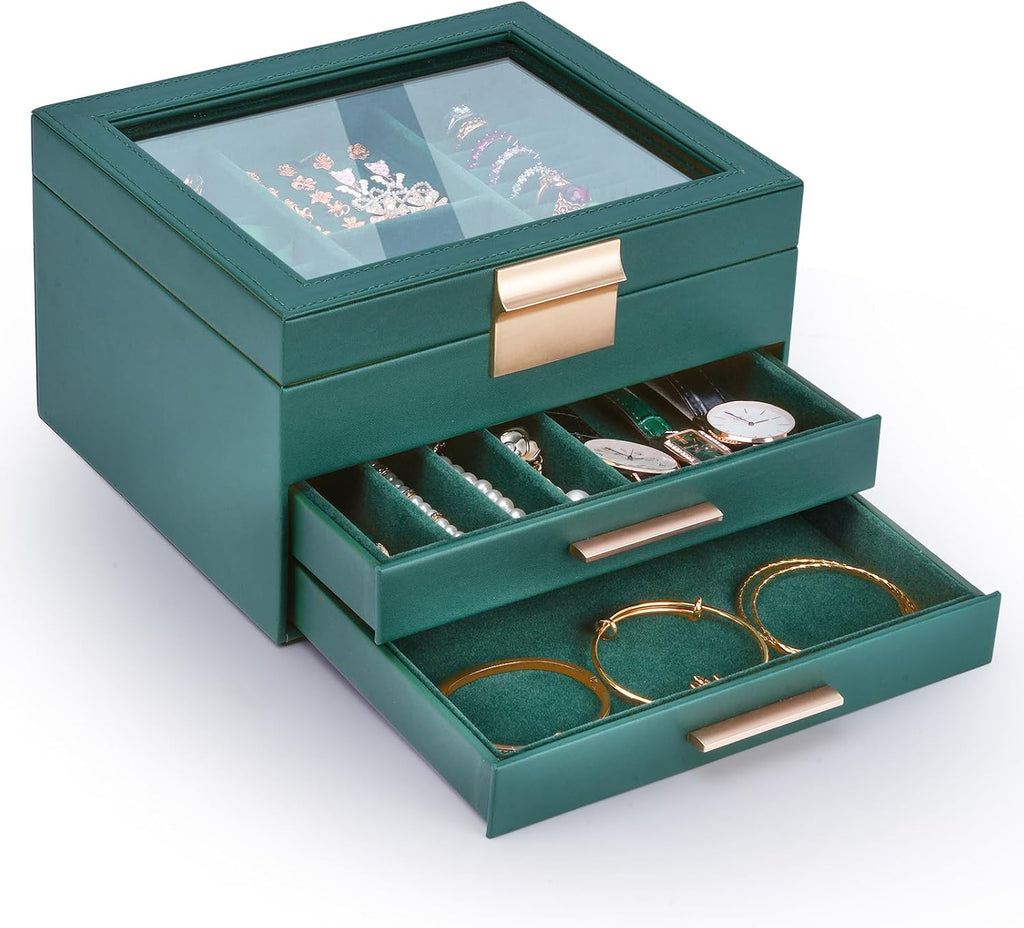 3-Layer Jewelry Box for Women, Jewelry Organizer with Glass Lid and Drawers, Jewelry Organizers and Storage for Necklaces, Rings, Earrings, Bracelets - White/Green/Black