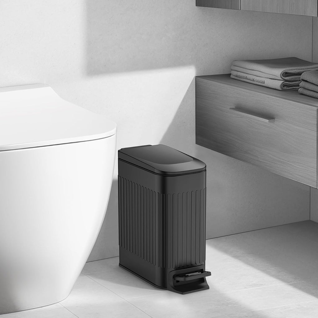 Slim Bathroom Trash Can with Lid Soft Close, Step Pedal, 6 Liter / 1.6 Gallon Stainless Steel Trash Bin, Small Garbage Cans for Bedroom, Office, Kitchen (Black)