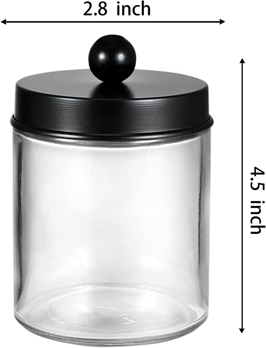 6Pc Apothecary Jars Bathroom Vanity Organizer- Rustic Farmhouse Decor Storage with Stainless Steel Lids- Qtip Dispenser Holder for Q-Tips, Cotton Swabs, Rounds, Ball, Flossers (Black)