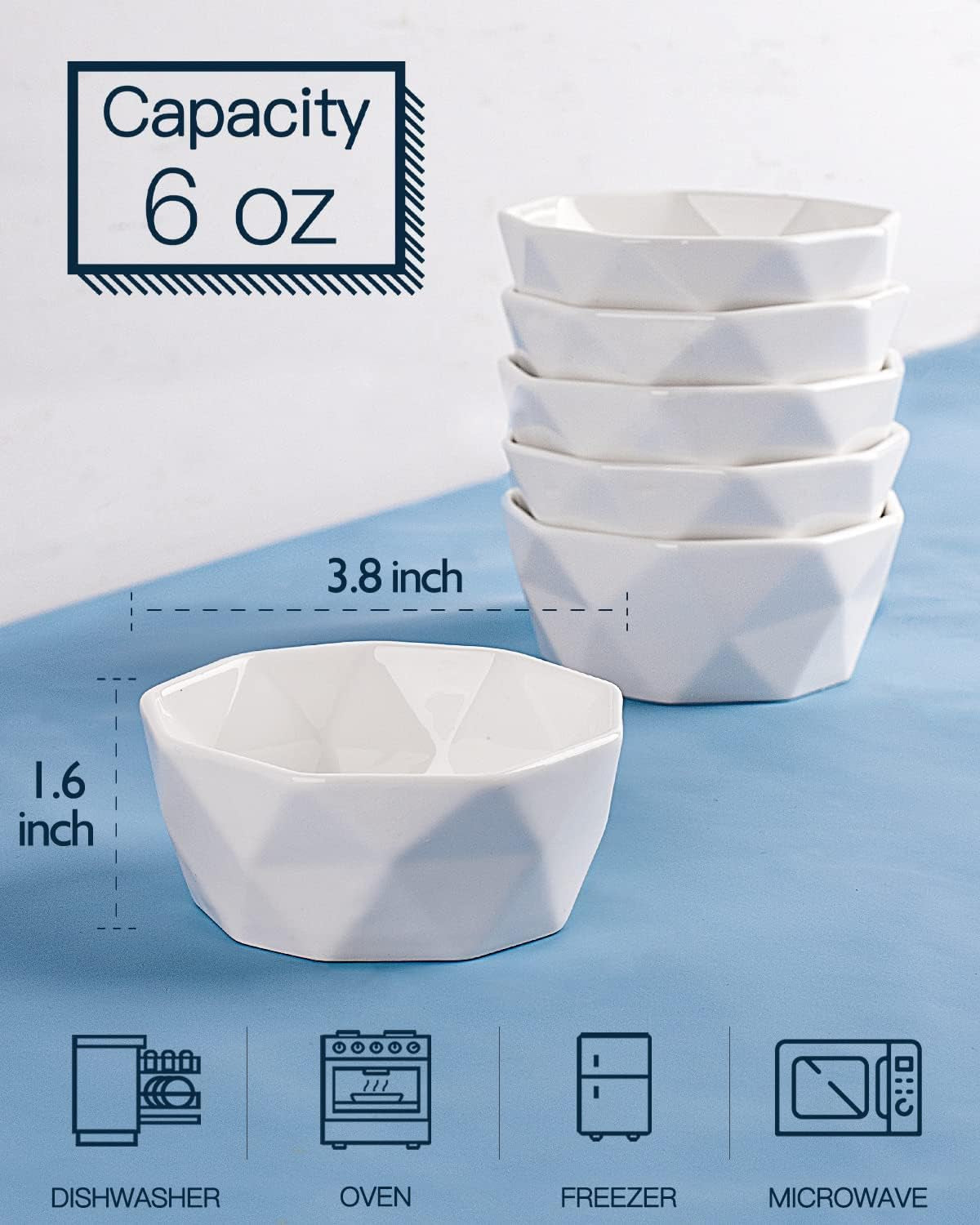 6 Oz Porcelain Ramekins Set of 6, Geometric Creme Brulee Ramekins Oven Safe, Souffle Dishes for Baking Dessert Ice Cream Snack, Small Ceramic Bowls Dishwasher Microwave Freezer Safe, White