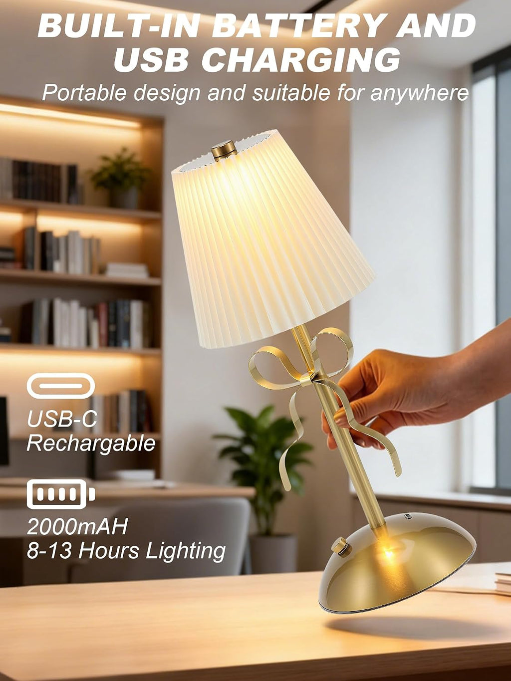 Cordless Small Table Lamp,Gold Bow Lamp,Rechargeable Desk Lamp Cute