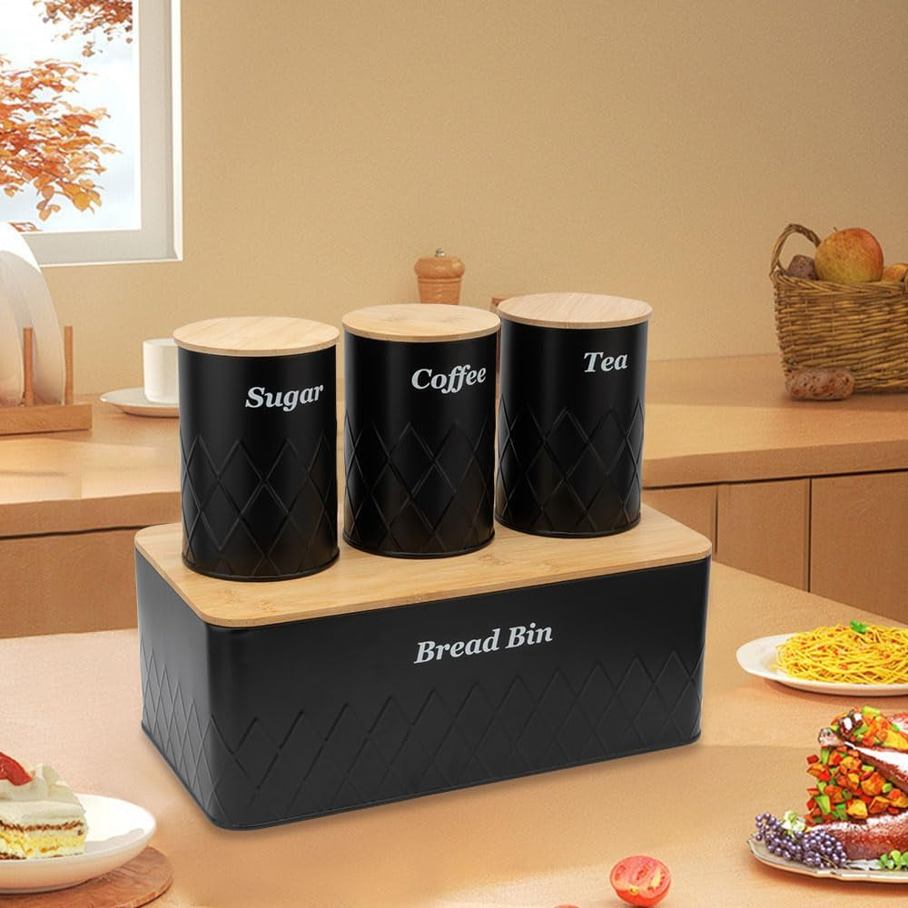 Black Metal Bread Box with Cutting Board,3 Canisters for Kitchen