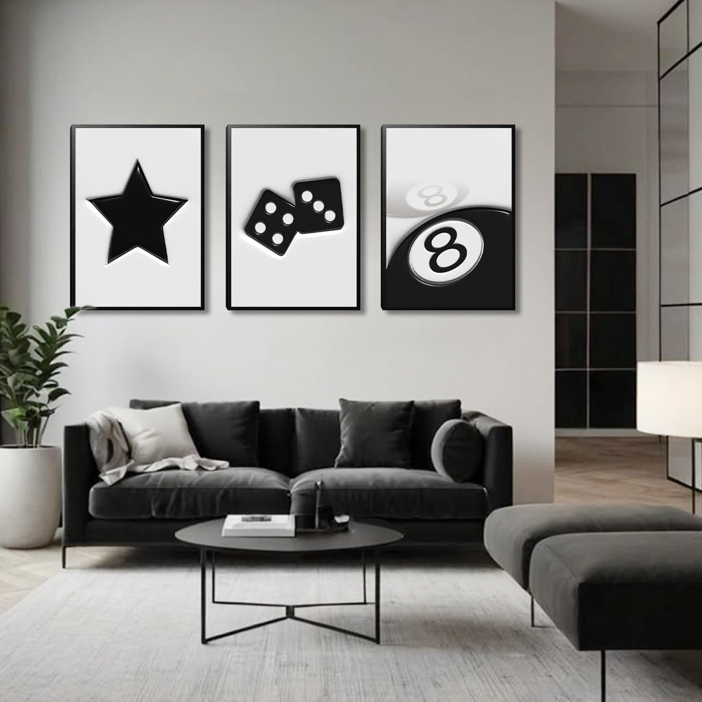 Black and White Dice Canvas Wall Art Set of 3,Funky Retro Y2K 8 Ball Wall Decor Paintings, Funky Lucky Preppy Posters Prints Pictures for Game Room Apartment Dorm Teenager Room 16X24In Framed