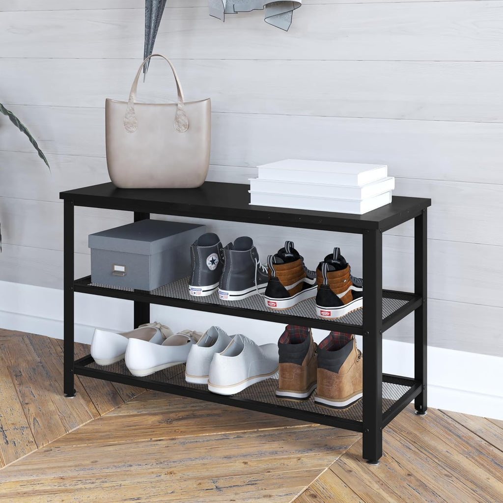 Blackwash Solid Pine Wood 3-Tier Entryway Shoe Rack Bench with Metal Mesh Shelves, for Entryway, Mudroom, or Bedroom, and More!
