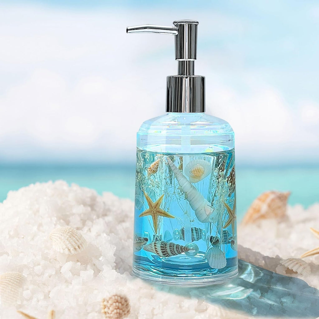 Soap Dispenser with Pump Acrylic W/Nature Seashell Handmade Bathroom Hand Soap Dispenser, Kitchen Refillable Liquid Dispenser for Soap,Dish Soap, Lotion (Blue)