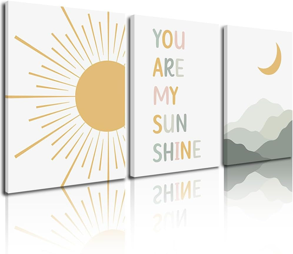 Boho Sun Moon Wall Art Set of 3,Framed Canvas Wall Art Sun Rising on the Horizon Geometric Nature Mountain Art Wall,Mid-Century Modern Prints Boho Wall Decor Nursery Decor Green Brown 24"X36"