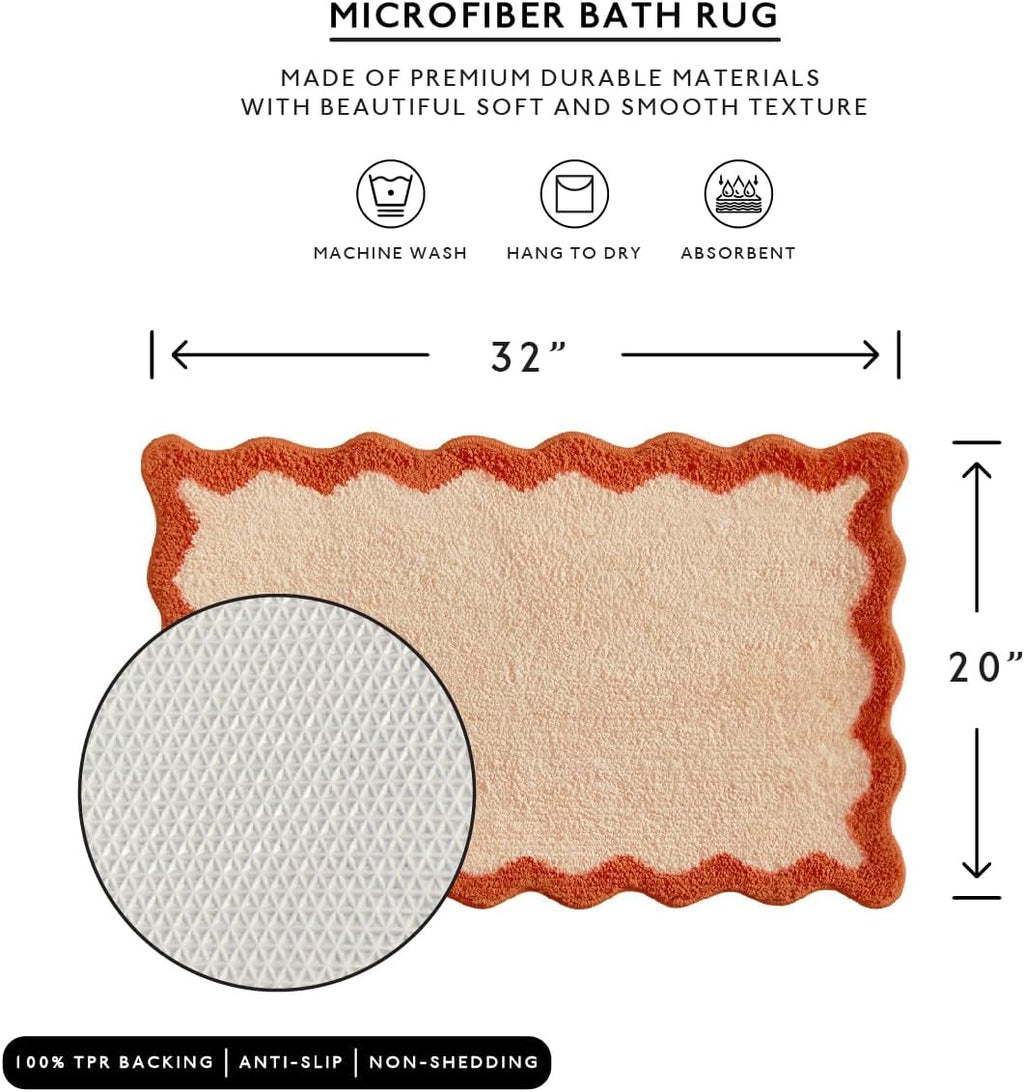 Bath Mat with Scalloped Wavy Ripple Design, Microfiber Absorbent Non Slip Tufted Rug for Floor, Shower or Kitchen (20X32 Inch, Orange)