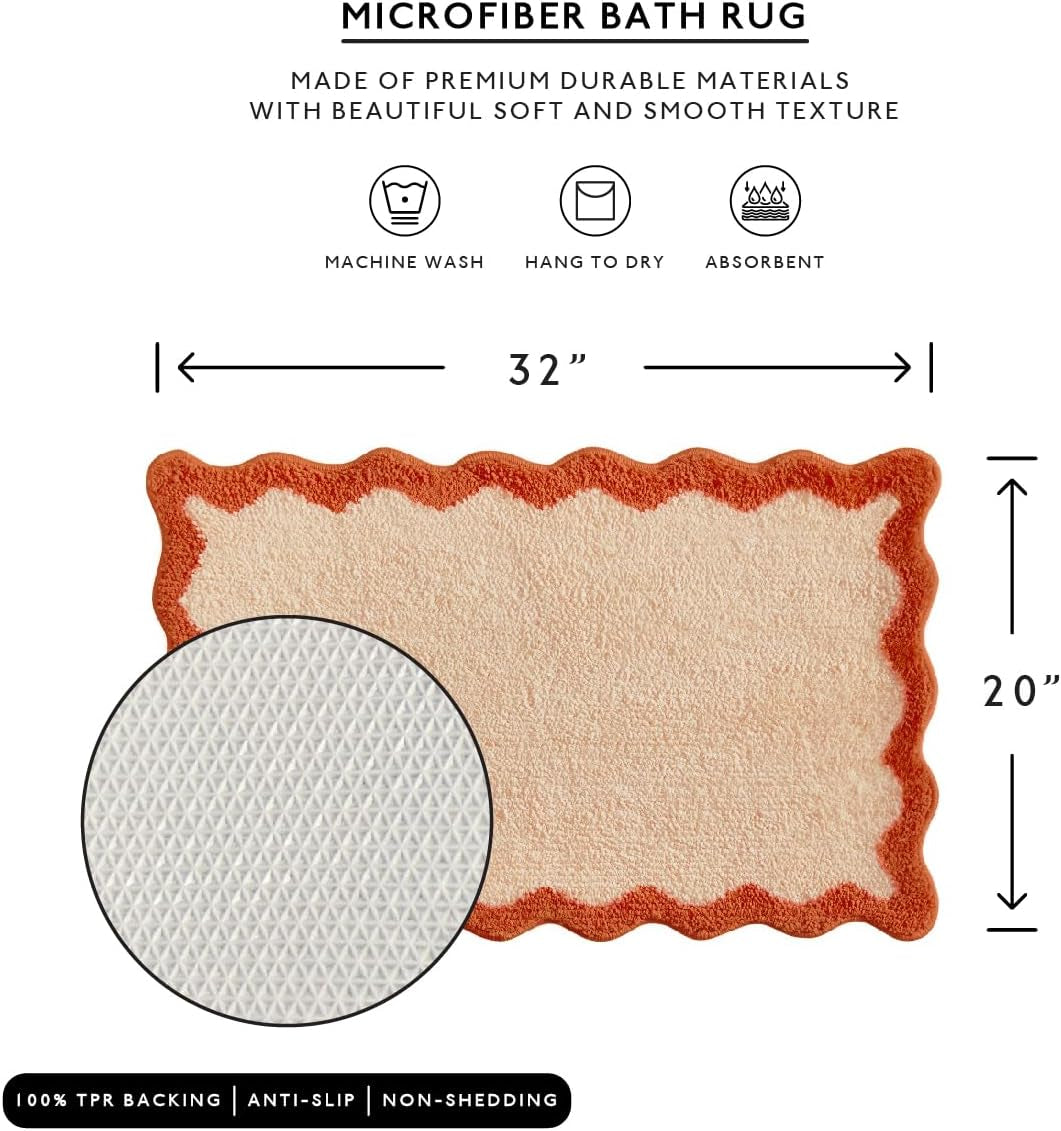 Bath Mat with Scalloped Wavy Ripple Design, Microfiber Absorbent Non Slip Tufted Rug for Floor, Shower or Kitchen (20X32 Inch, Orange)