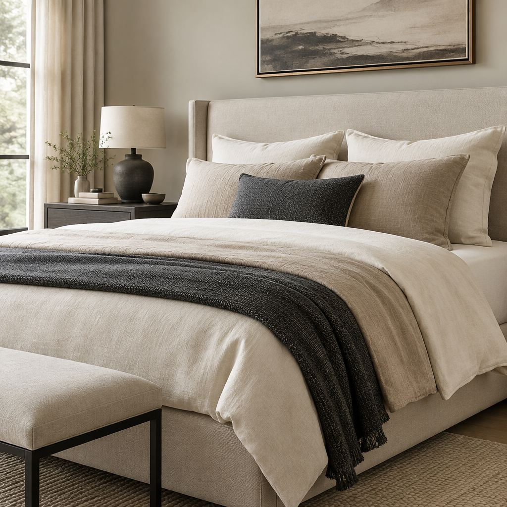 Serene bedroom with warm neutral bedding and wood accents