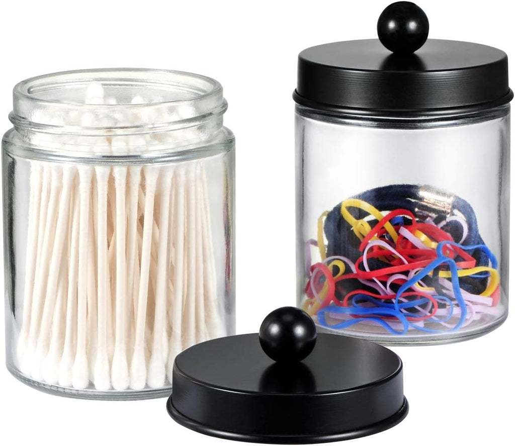 6Pc Apothecary Jars Bathroom Vanity Organizer- Rustic Farmhouse Decor Storage with Stainless Steel Lids- Qtip Dispenser Holder for Q-Tips, Cotton Swabs, Rounds, Ball, Flossers (Black)