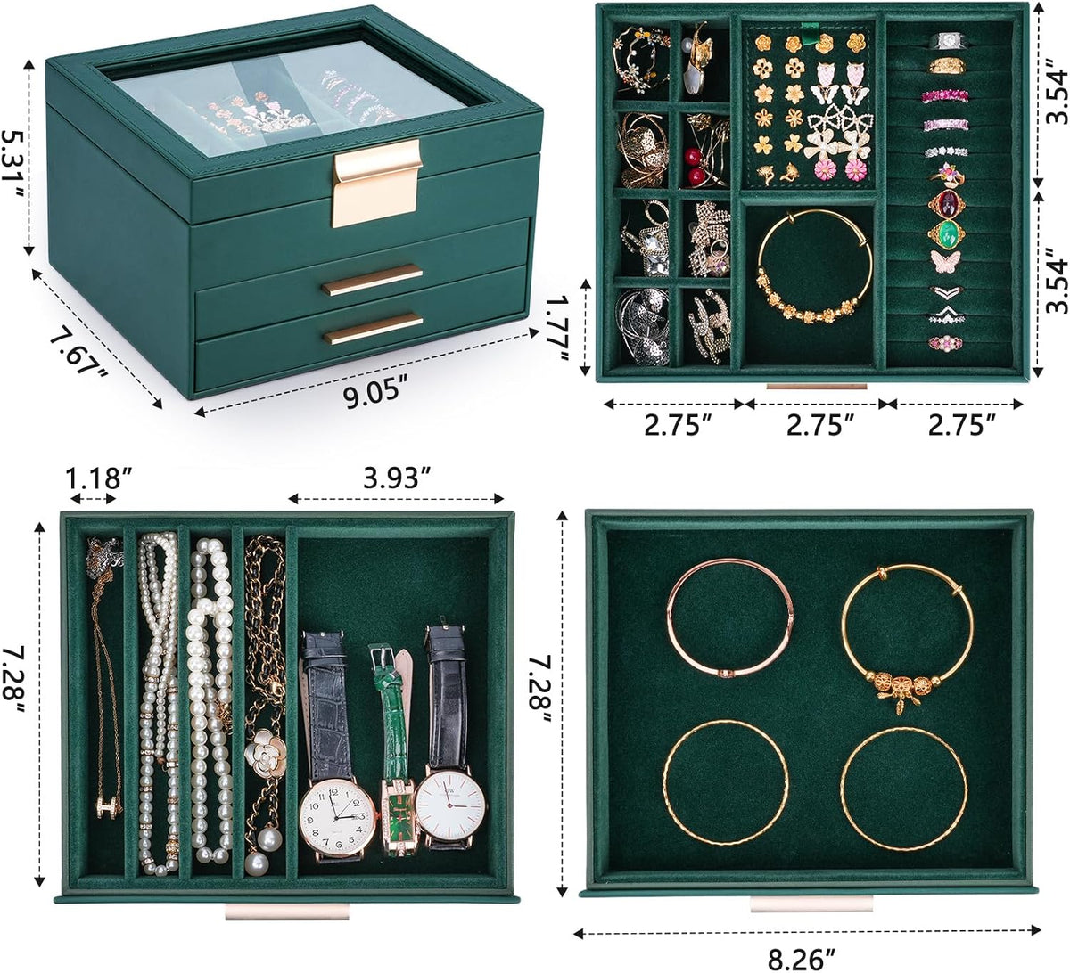 3-Layer Jewelry Box for Women, Jewelry Organizer with Glass Lid and Drawers, Jewelry Organizers and Storage for Necklaces, Rings, Earrings, Bracelets - White/Green/Black