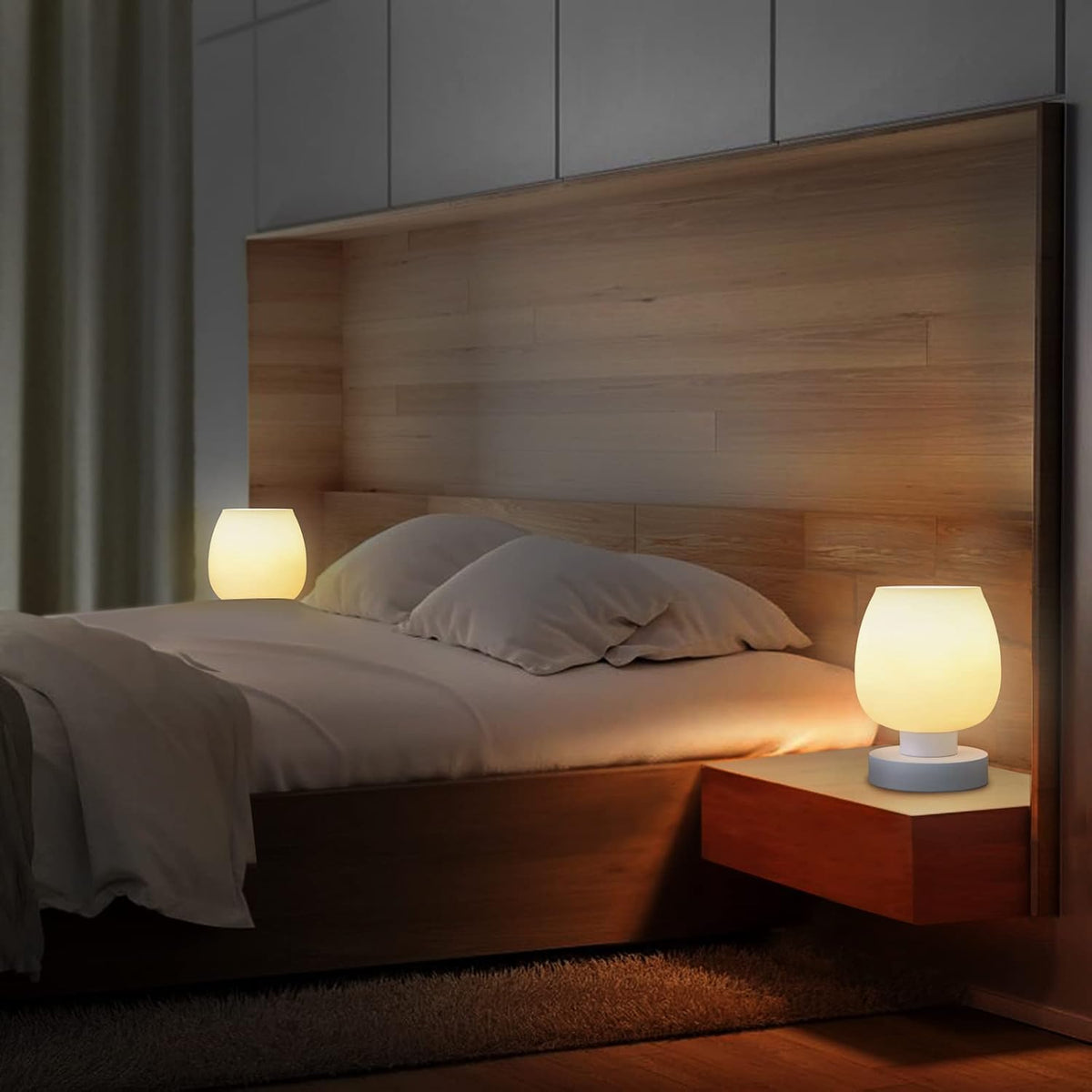Touch Bedside Table Lamp Set of 2 - Small Modern Table Lamp for Bedroom Living Room Nightstand, 3-Way Dimable Desk Lamp with White Opal Glass Lamp Shade, 2700K LED Bulb, Simple Design Home Decor