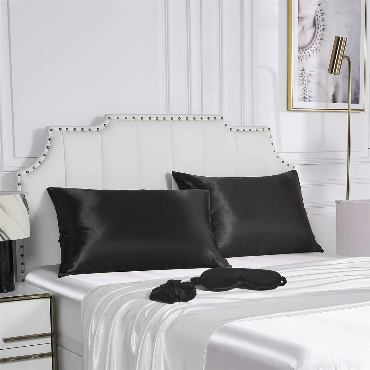 Black Satin Pillowcase Standard Size 2 Pack with 1 Eye Mask and 1 Scrunchie