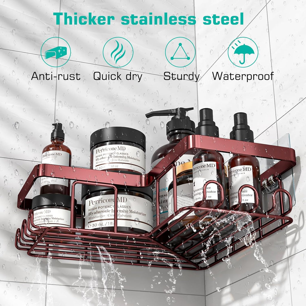 Corner Shower Caddy, 3-Pack Adhesive Shower Caddy with Soap Holder and 12 Hooks, Rustproof Stainless Steel, No Drilling Wall Mounted Rack Organizer, for Bathroom, Bronze