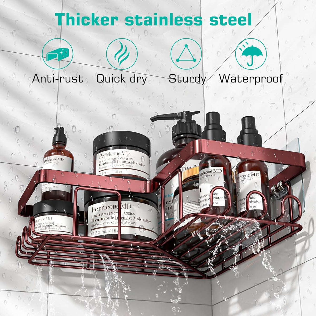 Corner Shower Caddy, 3-Pack Adhesive Shower Caddy with Soap Holder and 12 Hooks, Rustproof Stainless Steel, No Drilling Wall Mounted Rack Organizer, for Bathroom, Bronze