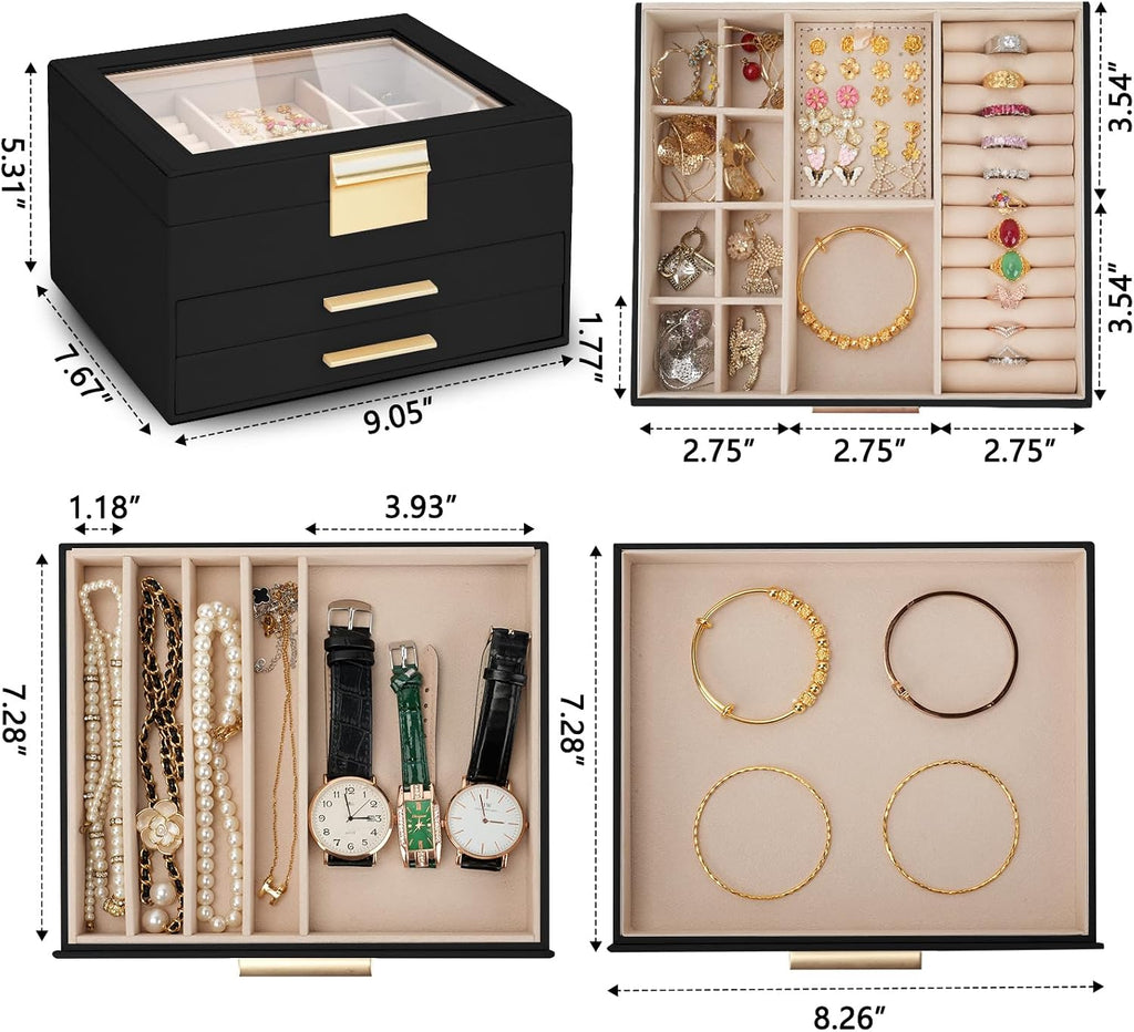 3-Layer Jewelry Box for Women, Jewelry Organizer with Glass Lid and Drawers, Jewelry Organizers and Storage for Necklaces, Rings, Earrings, Bracelets - White/Green/Black