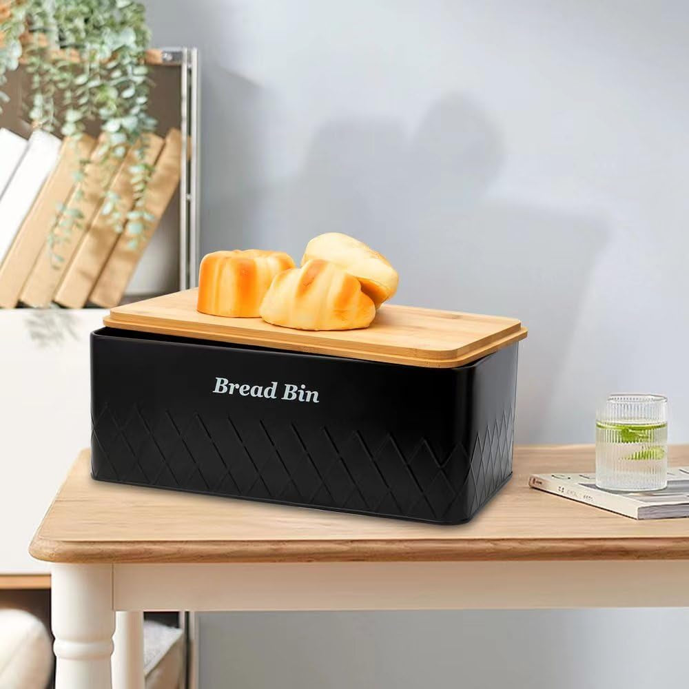 Black Metal Bread Box with Cutting Board,3 Canisters for Kitchen